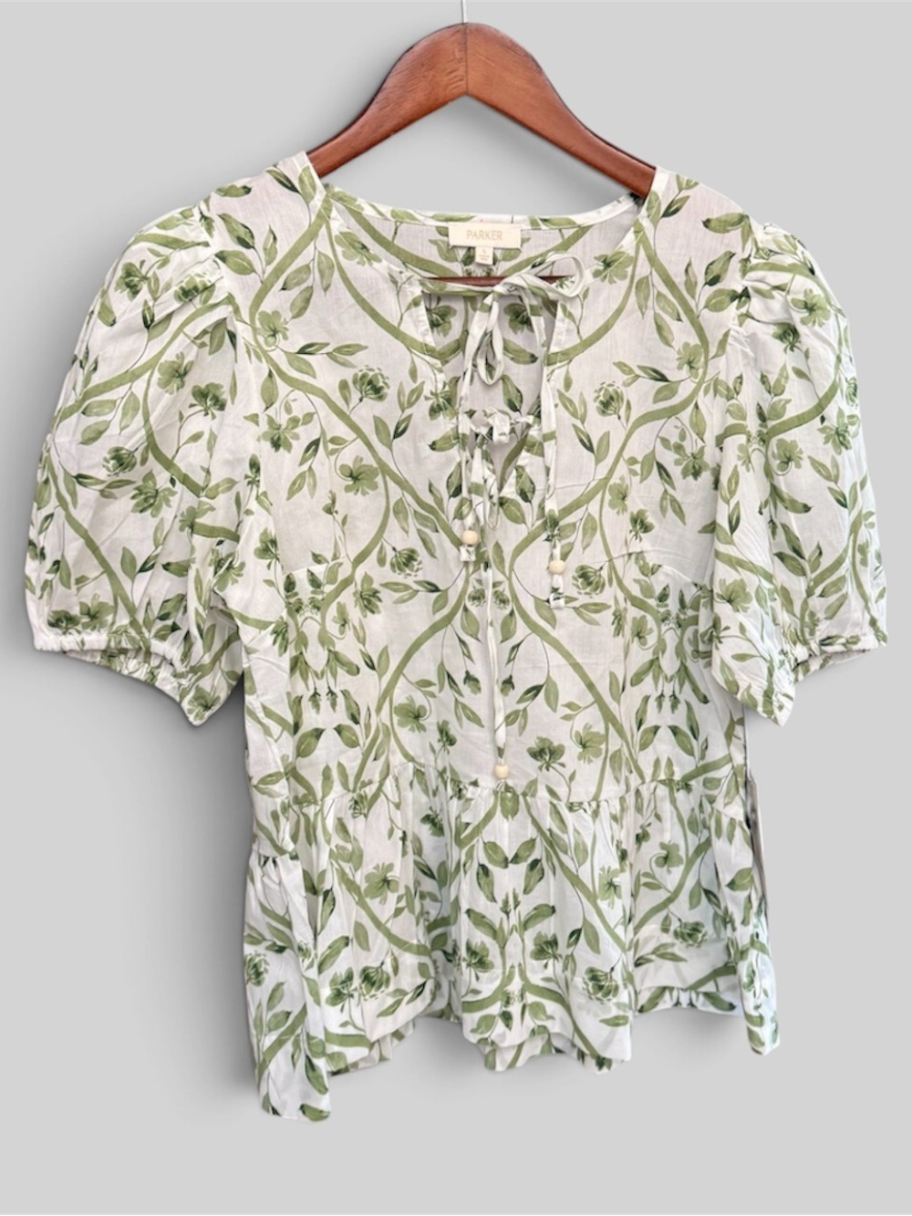 Parker Green White Botanical Leaf Vine Floral Print Puff Sleeve Keyhole Blouse S